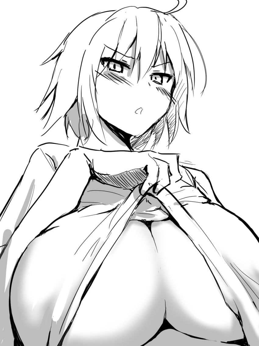 ahoge blush breasts cleavage clothes_lift commentary_request copyright_request fate/grand_order fate_(series) female greyscale highres huge_breasts jeanne_alter jeanne_d'arc_alter_(avenger)_(fate) jeanne_d'arc_alter_(fate) lifting_own_clothes monochrome open_mouth shirt_lift simple_background solo tomato_rice underboob upper_body white_background