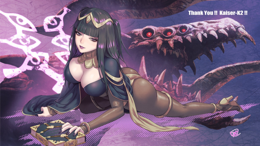 1girls ass big_ass black_nails blunt_bangs bodystocking book brand_of_the_defile breasts cape cleavage dragon female female_only fire_emblem fire_emblem_awakening fujii_eishun grima_(fire_emblem) highres horns large_breasts monster multi_eye nintendo tharja_(fire_emblem) thighlet tiara