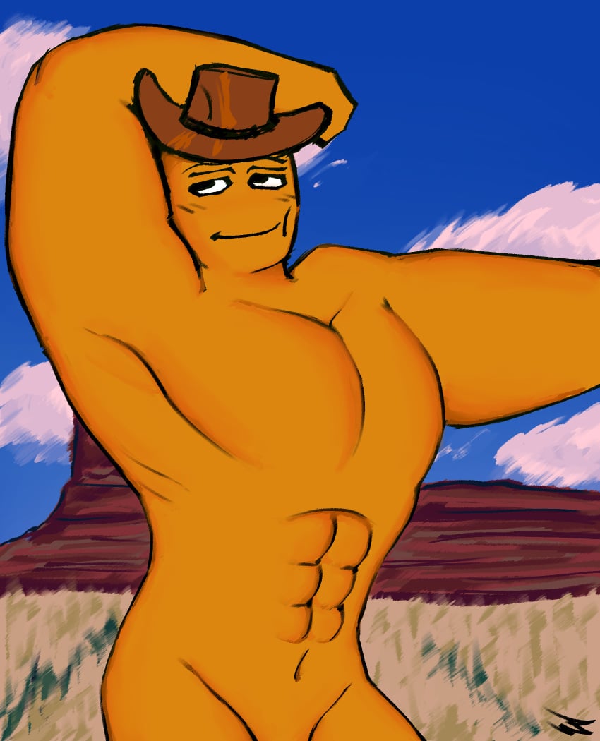 1boy abs animate_inanimate anthro biceps buff chicken_nugget clouds cowboy cowboy_hat food gegagedigedagedago hat headwear humanoid joke kappi0 loaltoff male male_only max_design_pro meme muscular muscular_male naked not_porn nude nugget nugget_(max_design_pro) orange_body outdoors pecs pectorals roblox self_upload sky smile solo tagme tick_tock tick_tock_meme