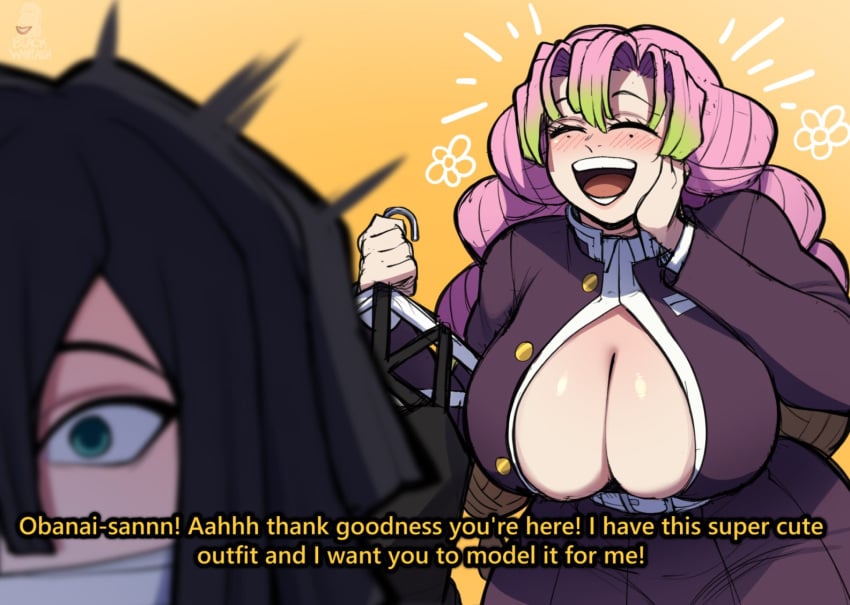 1boy 1girls beauty_mark big_breasts black_hair blackwhiplash bwl clevage demon_slayer dialogue green_eyes green_hairtips happy iguro_obanai kanroji_mitsuri kimetsu_no_yaiba pink_hair smile tagme thick_thighs unbuttoned wide_hips