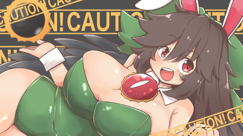 1girls animal_ears bow breasts bunny_ears bunnysuit chest_eye feathers female large_breasts long_hair ooyama_bokuchi smile solo touhou utsuho_reiuji wings