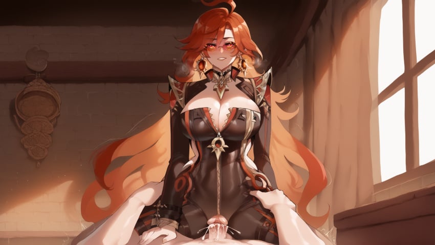 1boy 1girls ai_generated artist_name big_breasts big_thighs bodysuit clothed_sex cum female_on_top genshin_impact hand_on_hip hoyoverse imperfectai long_hair mavuika_(genshin_impact) mihoyo sex stable_diffusion sunglasses tagme tagme_(artist) thiccwithaq_(ai_style) tinted_eyewear vaginal_penetration zipper zipper_down