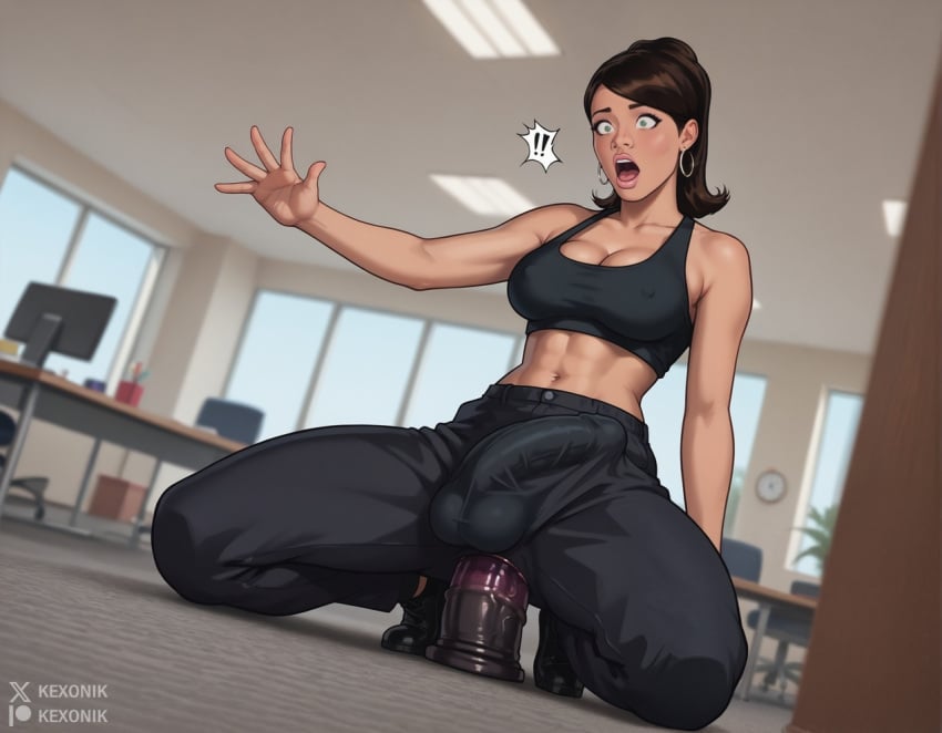 1futa 1futanari ai_generated anal_dildo archer_(series) balls ballsack bimbo black_pants black_tank_top brown_hair cleavage cock cumming cumshot dark_skin deep_penetration dick dickgirl dildo_riding earrings ebony erection_under_clothes futanari green_eyes huge_dildo kexonik kneeling lana_kane large_insertion medium_breasts midriff narrowed_eyes navel open_mouth penis petite petite_body ponytail puffy_lips puffy_nipples sex_toy skinny slim surprised testicles thick_thighs thin_waist wide_eyed wide_hips