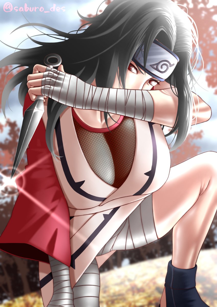 1girls bandaged_arm bandages bare_arms bare_legs bare_thighs big_breasts black_hair breasts bust busty clothed clothed_female copyright_name female female_only fighting_pose fighting_stance fishnet_shirt fishnets forehead_protector headband holding_object holding_weapon huge_breasts kimono kneeling konohagakure_symbol kunai kunoichi kurenai_yuhi large_breasts mature mature_female mature_woman mesh mesh_shirt milf naruto naruto_(classic) naruto_(series) naruto_shippuden ninja no_bra oppai outdoors red_eyes revealing_clothes saburo_des see-through see-through_clothing shiny shiny_hair shiny_skin single_sleeve solo solo_female solo_focus url watermark weapon web_address yuuhi_kurenai