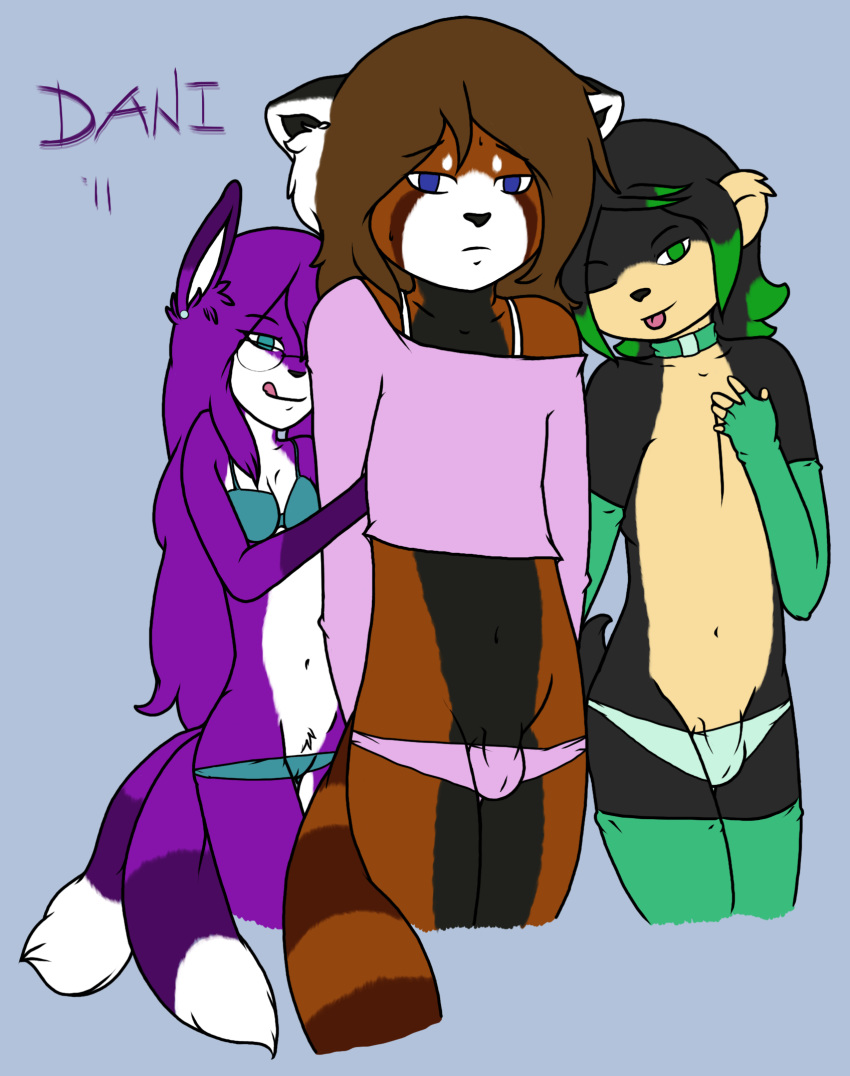 1girls 2boys anthro balls bisexual bra bulge collar crossdressing dani_(daniruu) daniruu earring female female_anthro femboy femdom fox girly glasses hedgehog kitsune long_hair long_tail male male_anthro multicolored_hair multiple_tails panties pubic_hair red_panda shades_the_hedgehog short_hair short_tail straight tongue wink zarrotsu