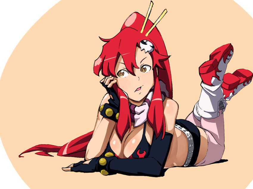 arm_support bikini_top boots breasts chin_rest cleavage female fingerless_gloves gloves hair_ornament ikiteirukagiri legs_up long_hair lying on_stomach open_mouth pink_legwear ponytail red_hair scarf short_shorts shorts skull_hair_ornament solo tengen_toppa_gurren-lagann tengen_toppa_gurren_lagann thighhighs tied_hair very_long_hair yellow_eyes yoko_littner