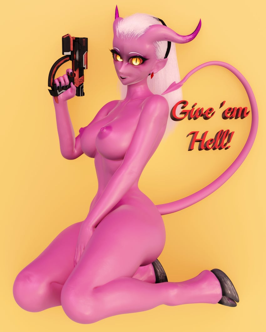 1girls 3d 3d_(artwork) absurd_res big_breasts breasts cloven_hooves curved_horn demon demon_girl demon_humanoid digital_media_(artwork) ear_piercing english_text female gun hair helluva_boss hi_res holding_gun holding_object holding_weapon hooves horn humanoid humanoid_pointy_ears kneeling looking_at_viewer lorded mature_female mayberry_(helluva_boss) nipples nude piercing pink_body pinup pose ranged_weapon simple_background smile solo spade_tail tail text unguligrade vivienne_medrano vivziepop weapon white_hair yellow_background yellow_eyes