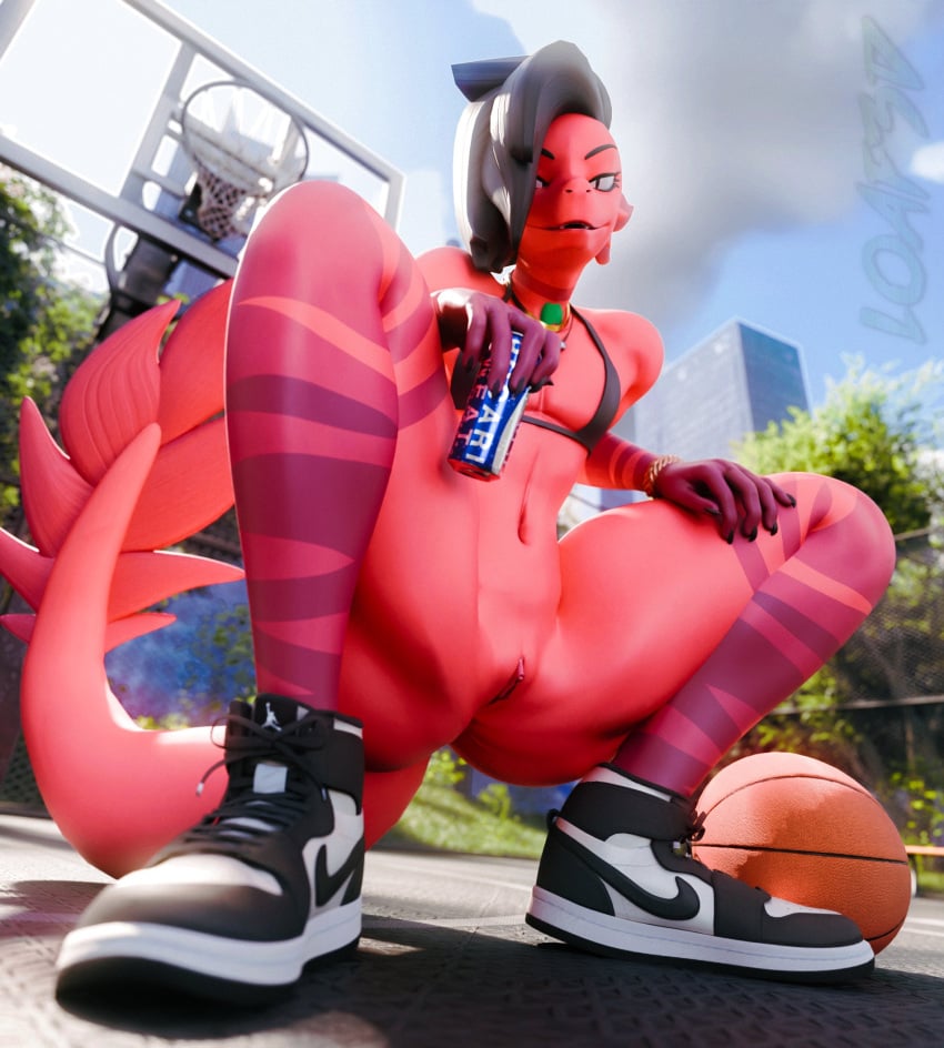 3d_(artwork) andromorph anthro basketball basketball_hoop beverage black_bra black_clothing black_hair black_underwear bra bracelet clothing cuntboy dayumboai digital_media_(artwork) fish genitals hair hi_res intersex jewelry loaf3d looking_at_viewer low-angle_view marine necklace nike outside pussy red_body red_skin ren_(remanedur) sneaking solo striped_body stripes tail underwear