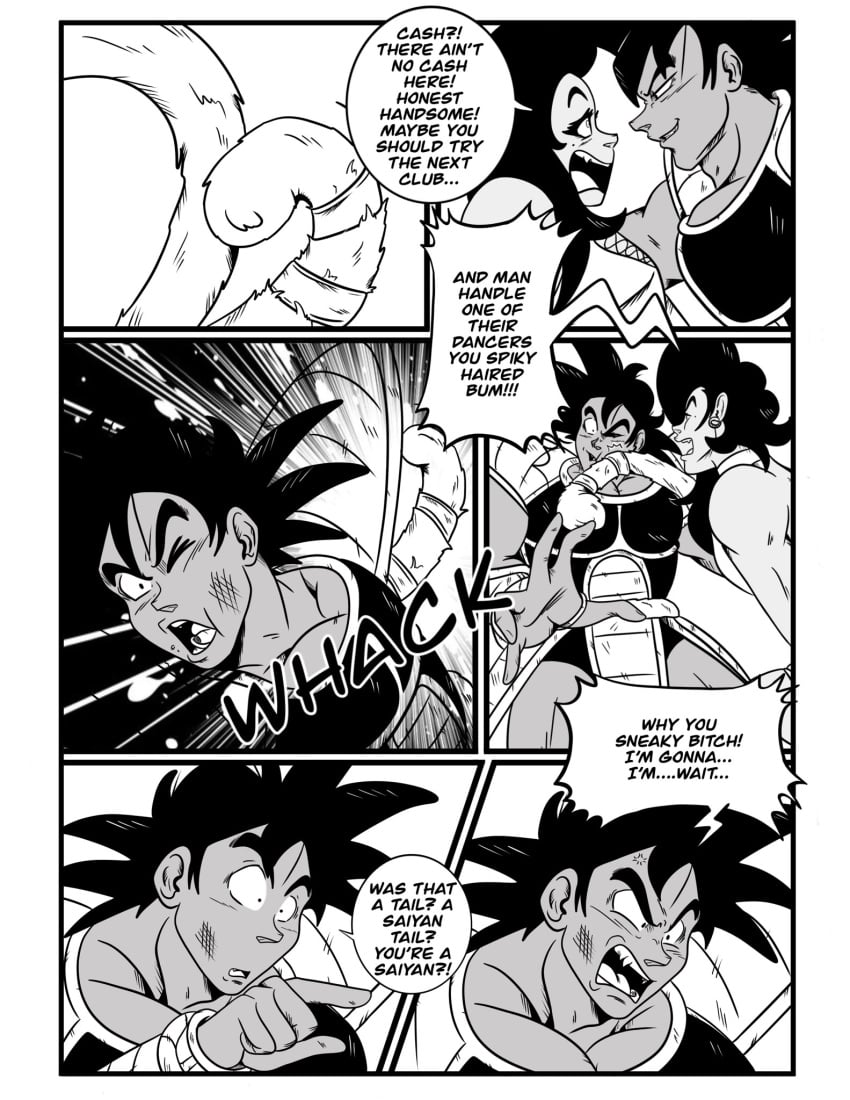 2boys black_and_white comic comic_page crossdressing dialogue dragon_ball dragon_ball_z femboy feminine_male injury male_only original_character saiyan saiyan_tail speech_bubble turles ukevegeta13 yam_(ukevegeta13)