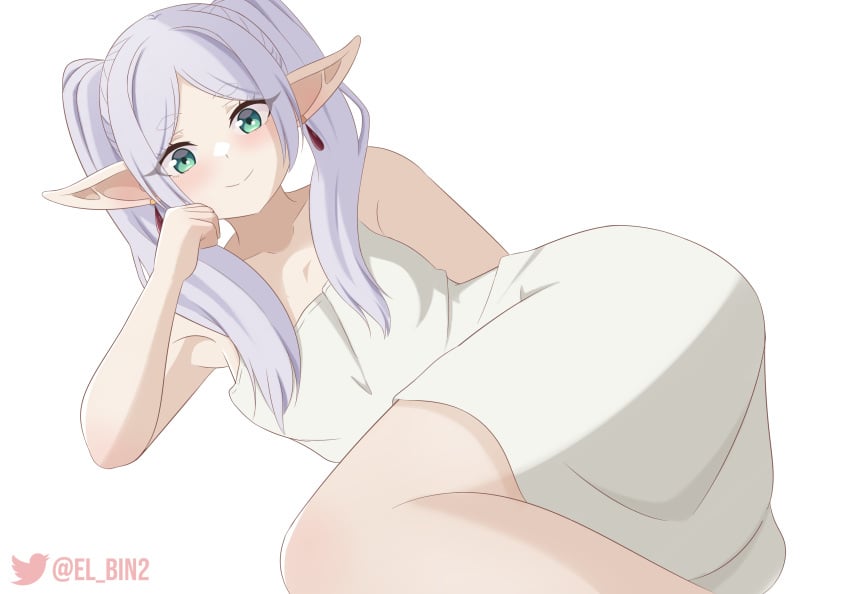 1girls ass bangs earrings el_bin elf elf_ears elf_female elf_girl female female_only frieren green_eyes long_hair looking_at_viewer smiling_at_viewer solo sousou_no_frieren thick_thighs twintails white_hair