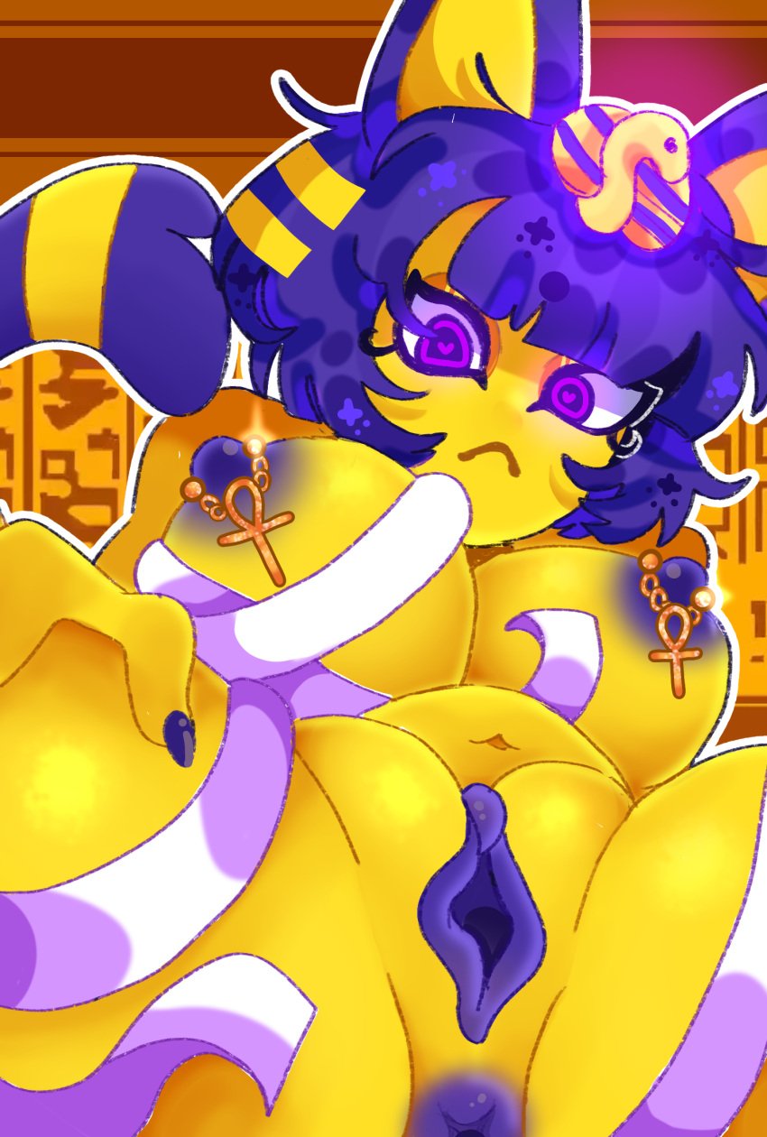 animal_crossing ankha ankha_(animal_crossing) ankha_ride_(minus8) anus asshole black_eyes blue_hair blue_nipples blue_pussy cat_ears cat_tail catgirl cherubicchubs egyptian egyptian_female finger_nails pierced_nipples piercing piercings purple_eyes pussy spread_legs spread_pussy spreading yellow_background yellow_body yellow_fur