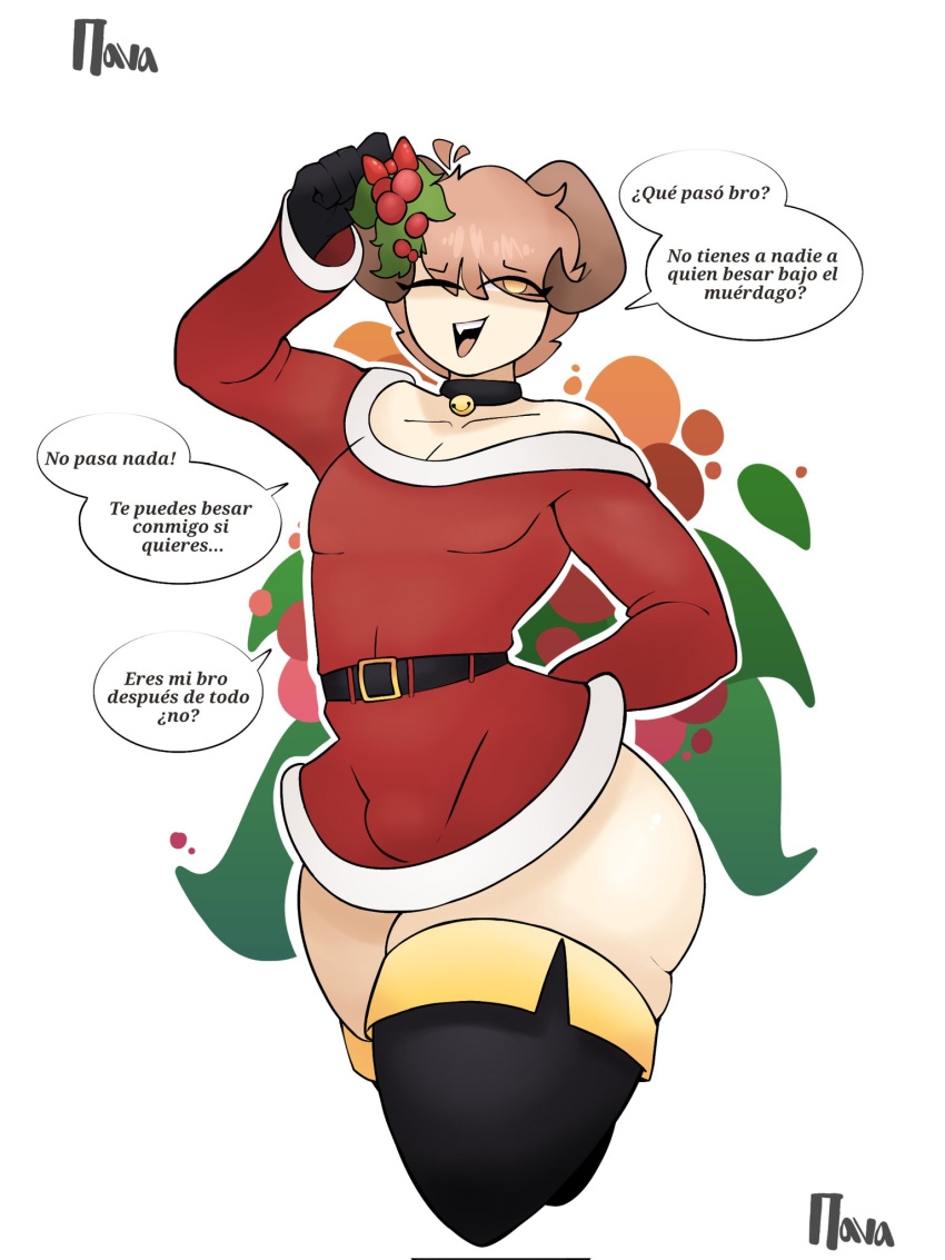 1boy belt christmas femboy flan_(srnava) half_naked horns jingle_bell jingle_bell_collar mistletoe necklace penis_bulge solo spanish spanish_text srnava