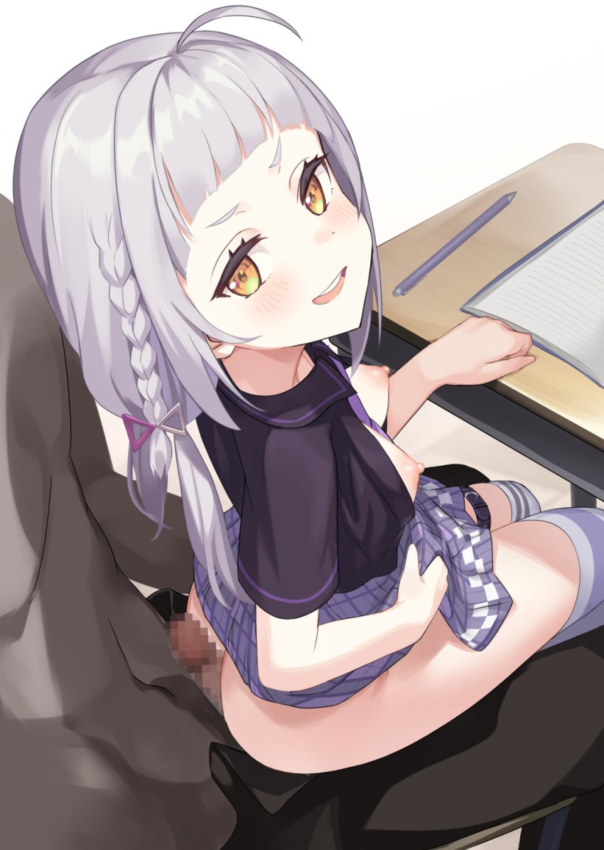 1girls ahoge arou_(arrow_x666) blush bottomless breasts buttjob dark-skinned_male dark_skin grey_hair hetero hololive hololive_gen_2 hololive_japan imminent_penetration imminent_sex imminent_vaginal long_hair looking_at_viewer mosaic_censoring murasaki_shion nipples open_mouth penis sitting sitting_on_person small_breasts small_penis smile solo_focus straight thighs virtual_youtuber yellow_eyes