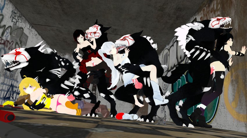 3d beowolf_(rwby) black_hair blake_belladonna blonde_hair cat_ears cum cum_in_pussy cum_inside female human impregnation interspecies knotted_penis licking male monster monster_cock multiple_boys multiple_girls orgy rape rooster_teeth ruby_rose rwby sex straight the_clipping weiss_schnee white_hair yang_xiao_long