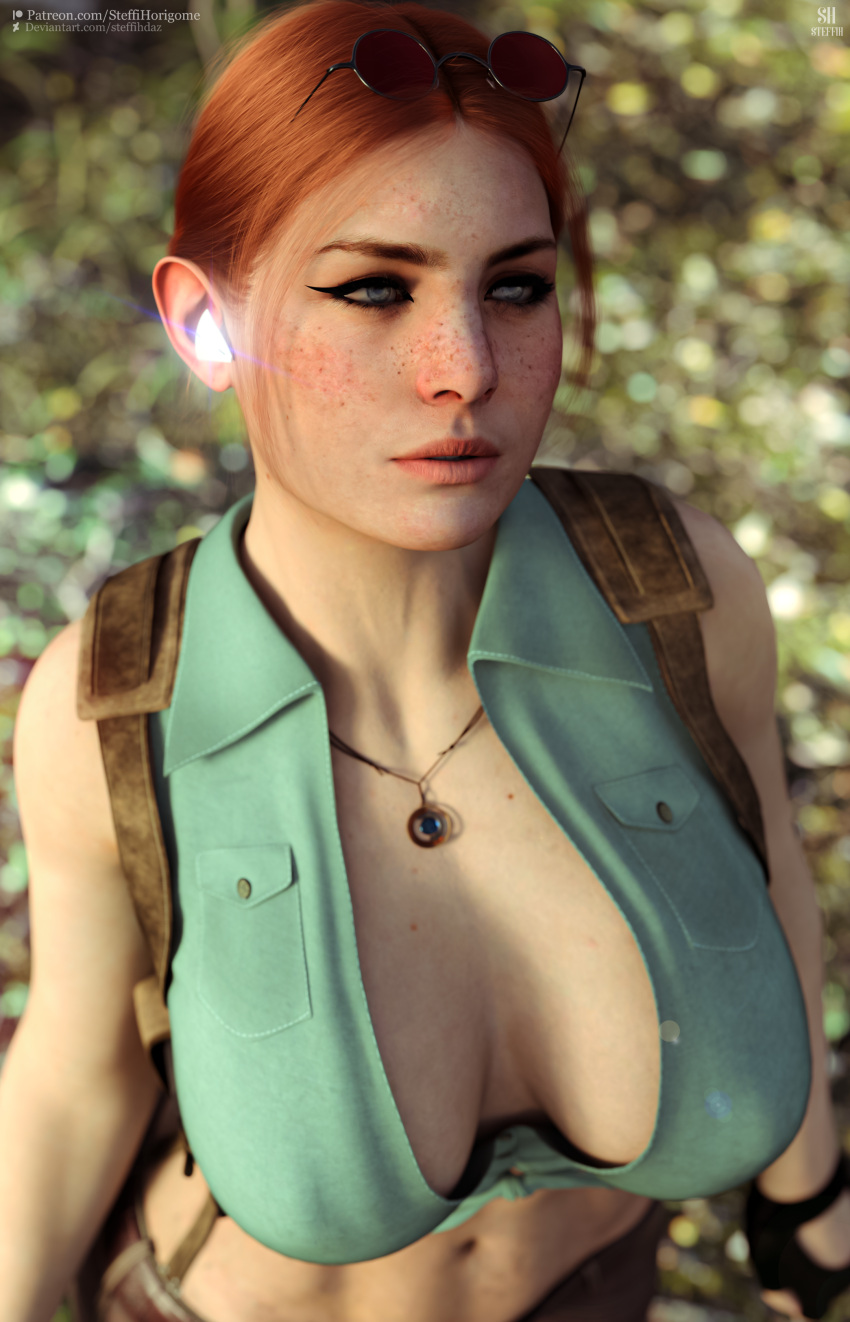 1girls 3d 3d_(artwork) 3d_model aloy alternate_breast_size alternate_costume alternate_hairstyle backpack big_breasts black_handwear cgi clothed clothed_female clothing female forest forest_background green_shirt guerilla_games horizon_forbidden_west horizon_zero_dawn lara_croft_(cosplay) necklace sony_interactive_entertainment standing steffih_daz sunglasses sunglasses_on_head