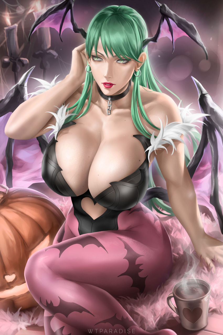 1female bat_wings big_breasts breasts capcom choker clothing collar cup darkstalkers ear_ring earrings green_eyes green_hair halloween head_wings jack-o'-lantern large_breasts light-skinned_female light_skin midriff morrigan_aensland pumpkin solo solo_female succubus thighs voluptuous voluptuous_female we1cometoparadiseart welcometoparadise wings wtparadise