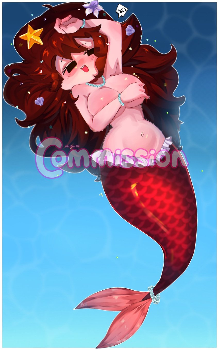 1girls big_breasts bracelet breasts brown_hair covering covering_breasts female female_only friday_night_funkin full_body girlfriend_(friday_night_funkin) long_hair mermaid necklace no_desi1 open_mouth open_smile png smile solo solo_female watermark