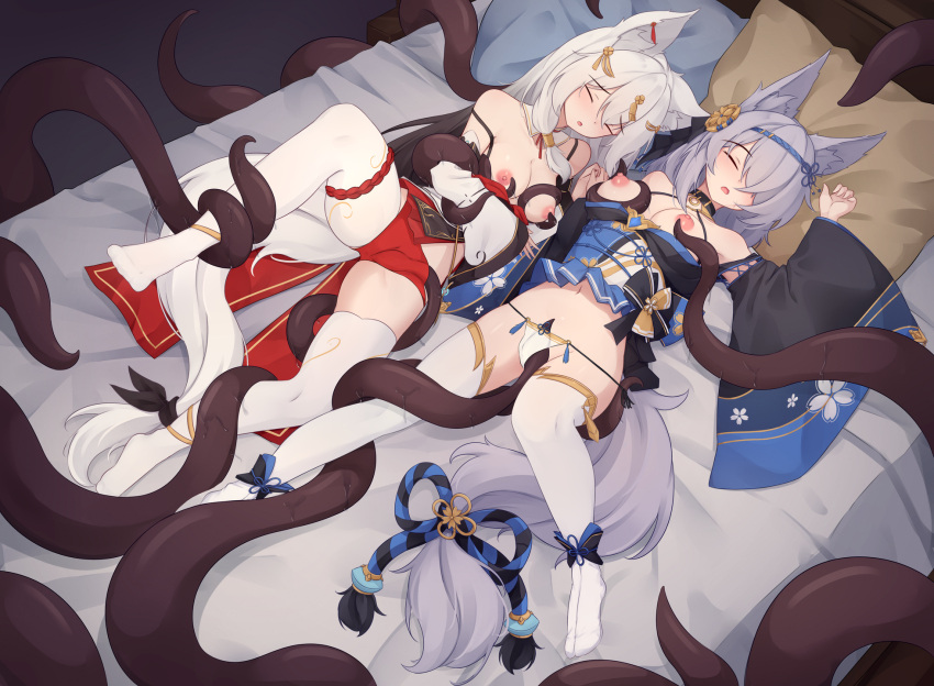 2girls animal_ear_fluff animal_ears black_sleeves blue_dress breasts closed_eyes commentary detached_sleeves dress english_commentary fox_ears fox_girl grey_hair highres large_breasts long_hair lying multiple_girls nipples no_shoes on_back on_bed open_mouth original panties pillow red_dress sleep_molestation tentacle tentacle_sex thighhighs trimbil underwear vaginal_penetration variant_set white_panties white_sleeves white_thighhighs