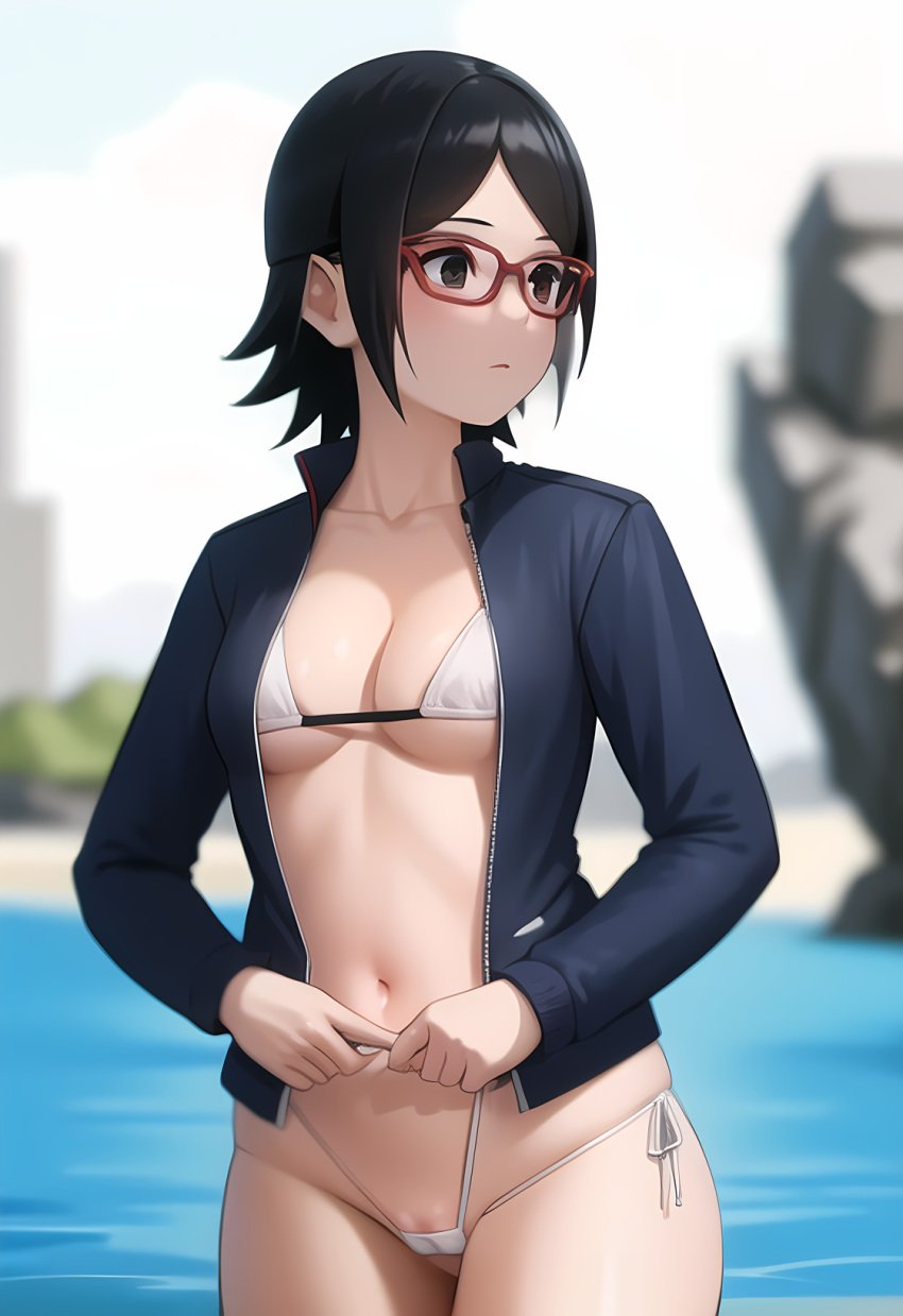 1girls ai_generated beach bikini bikini_bottom bikini_top black_hair boruto:_naruto_next_generations female girl micro_bikini naruto naruto_(series) sarada_uchiha sea seaside small_clothes small_panties solo solo_female solo_focus solo_girl teenage_girl teenager track_jacket tracksuit virgin