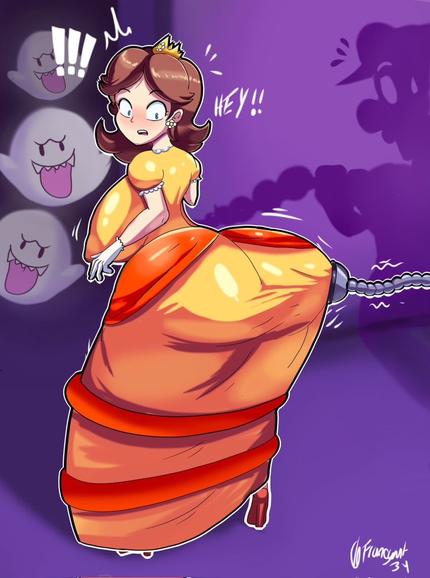 ass_focus backboob big_ass big_breasts boo_(mario) clothed female francyart34 huge_ass luigi luigi's_mansion mario_(series) nintendo nipples_visible_through_clothing no_bra princess_daisy princess_dress super_mario_bros.