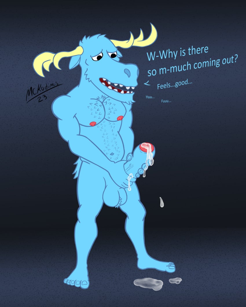 4:5 absurd_res anthro anthro_only antlers ball_tuft balls big_penis blue_body blue_fur bodily_fluids body_hair chest_hair cum deer dialogue ejaculation foreskin fur genital_fluids genitals happy_tree_friends hi_res horn lumpy_(htf) male male_only mammal masturbation mckodimus moose new_world_deer penis solo tuft