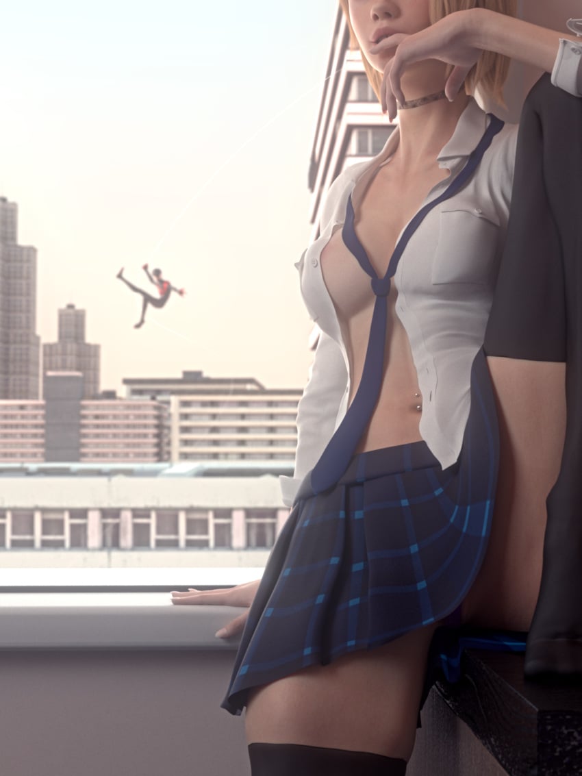 1boy 1girls 3d blonde_hair blue_eyes canon_couple choker couple dark-skinned_male female guiltyk gwen_stacy light-skinned_female loose_clothes male marvel marvel_comics miles_morales schoolgirl_uniform solo spider-gwen spider-man spider-man:_across_the_spider-verse spider-man_(series) thighhighs wholesome