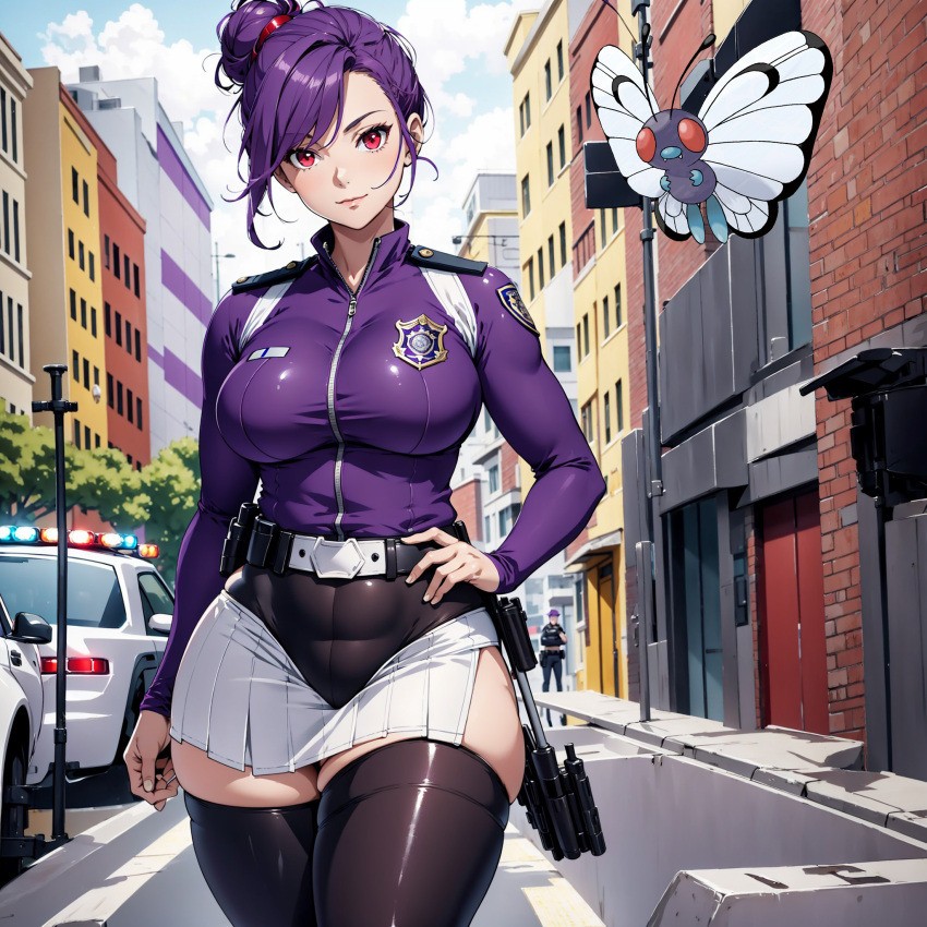 ai ai_generated b-free black_eyes butterfree curvy hair humanization nintendo pokemon pokewomen police police_officer police_uniform policewoman purple_hair short street wide_hips