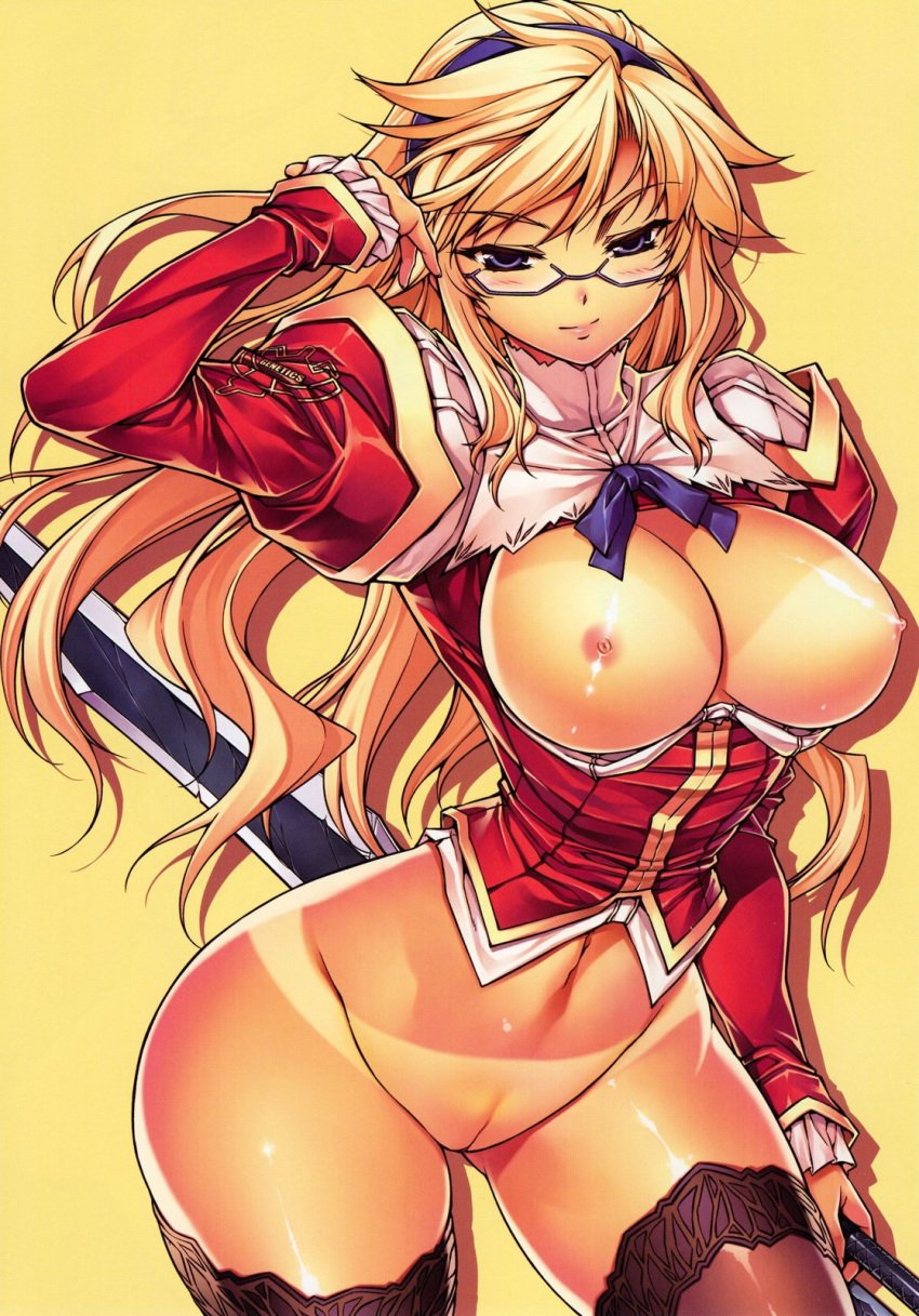 black_legwear blonde_hair blue_eyes blush bottomless bow breasts clothing cross_make female freezing freezing_(series) glasses hairband headband highres hips large_breasts long_hair mound_of_venus navel nipples no_bra no_panties pointy_chin pussy satellizer_el_bridget solo soo-hyon_lee sword tan tanline thighhighs uncensored weapon wide_hips