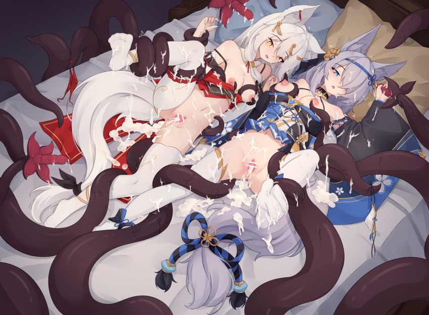 2girls after_sex after_vaginal animal_ear_fluff animal_ears bar_censor bed black_sleeves blue_dress blue_eyes breasts censored commentary cum cum_in_pussy cum_on_clothes cumdrip detached_sleeves dress english_commentary facial fox_ears fox_girl grey_hair handjob highres in_bed large_breasts long_hair lying multiple_girls nipples no_shoes on_back on_bed open_mouth original panties pillow pussy red_dress spread_legs tentacle thighhighs trimbil underwear variant_set waking_up white_panties white_sleeves white_thighhighs woken_up yellow_eyes