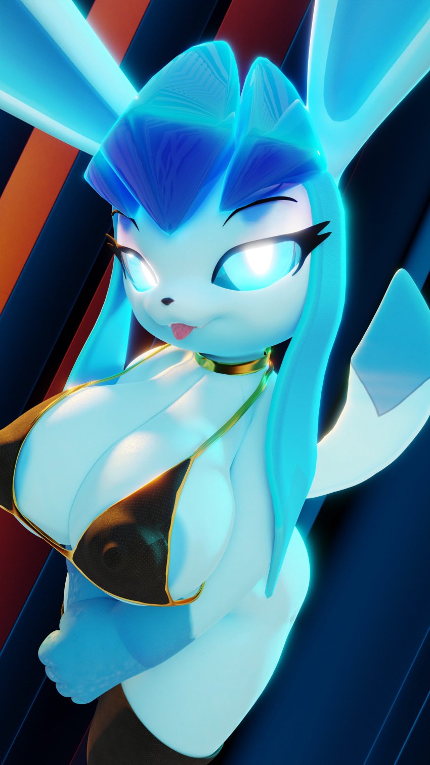 3d_(artwork) 4k 9:16 abstract_background absurd_res anthro areola bedroom_eyes big_breasts bikini bikini_top biped blender_(software) blender_cycles blue_body blue_hair breasts clothing collar digital_media_(artwork) eeveelution female fever-dreamer fur generation_4_pokemon glaceon glowing glowing_eyes hair hi_res legwear long_ears looking_at_viewer looking_up mammal multicolored_body multicolored_fur narrowed_eyes nintendo paws pokemon pokemon_(species) seductive smile smiling_at_viewer solo stockings swimwear tail tongue tongue_out two_tone_body two_tone_fur xazter3d