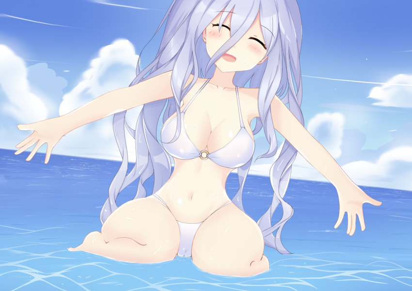 1girls bikini blue_eyes breasts date_a_live female_only grey_hair kuro1tanaka light-skinned_female long_hair sea solo takamiya_mio thighs white_skin