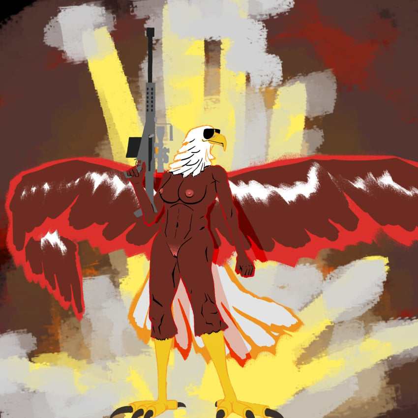 1:1 absurd_res accipitrid accipitriform anthro areola athletic avian bald_eagle barrett_m82 beak bird breasts brown_body claws digital_media_(artwork) eagle explosion feathered_wings feathers feet female genitals gun hail_resdayn hi_res holding_gun holding_object holding_weapon medium_breasts nipples nude pink_areola pussy ranged_weapon rifle sea_eagle sniper_rifle solo spread_wings standing sunglasses tail talons toes vagina weapon white_body white_feathers wings yellow_beak