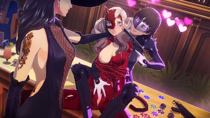 3d 3d_(artwork) 3girls ann_takamaki atlus blonde_hair blood brown_hair clothing defeated female female/female firearm gun gunpoint handgun human hypnosis long_hair makoto_niijima mind_control pale_skin persona persona_5 phantom_thief_suit revolver ripped_clothing sae_niijima shadow_(persona) shadow_sae short_hair silver_hair torn_clothes torn_clothing uriziel38 weapon yuri