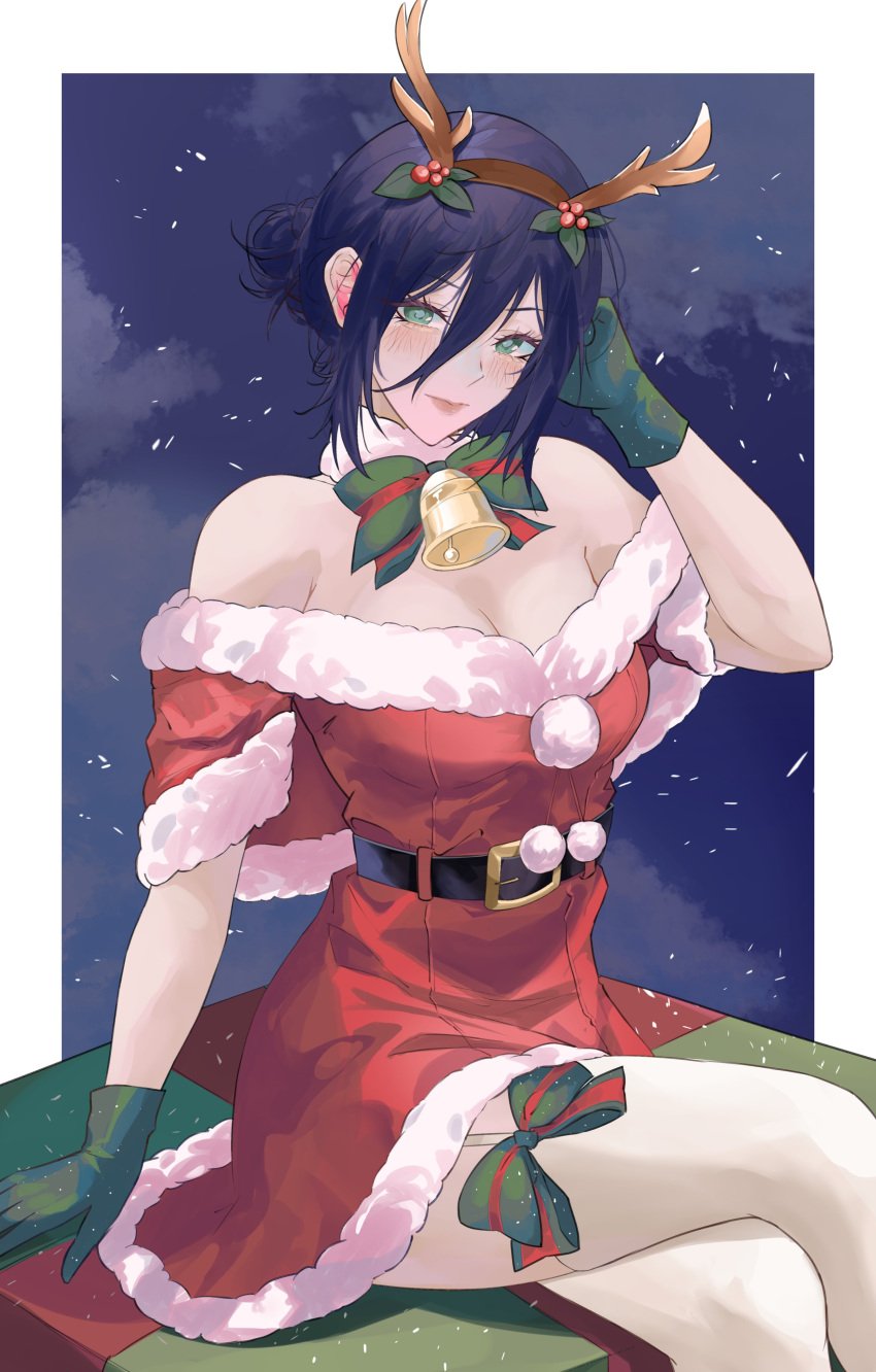 1girls chainsaw_man christmas cleavage female female_only gloxuba light-skinned_female mappa reindeer_antlers reze_(chainsaw_man) thick_thighs