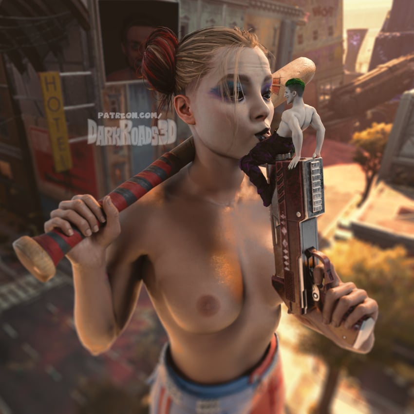 1boy 1girls breasts breasts_out clown darkroads3d fellatio giantess giantess_fellatio gunplay harley_quinn joker shirtless size_difference size_play topless