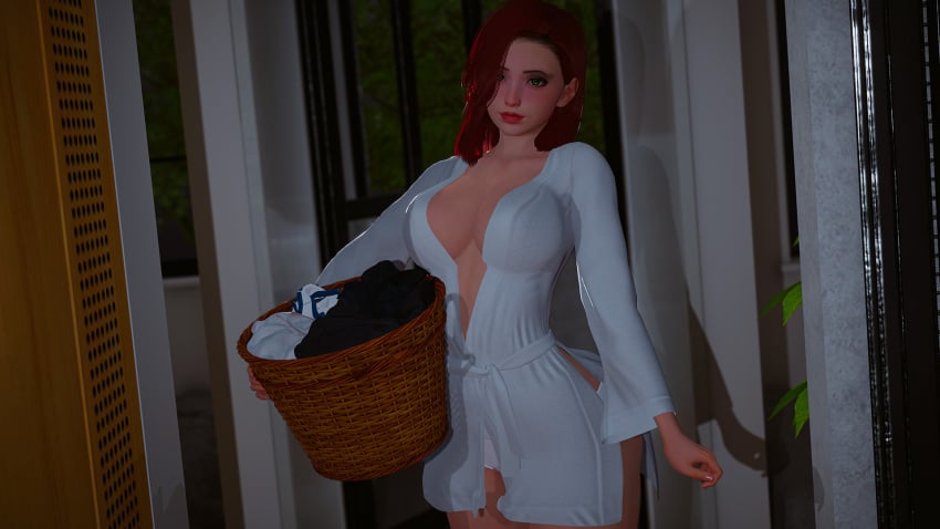 1girl 1girls 3d basket bathrobe bathrobe_only big_breasts blush braless breasts caribdis eternum female female_focus female_only girl green_eyes hourglass_figure human human_only light-skinned_female light_skin medium_hair nancy_(eternum) red_hair solo solo_female solo_focus standing white_panties