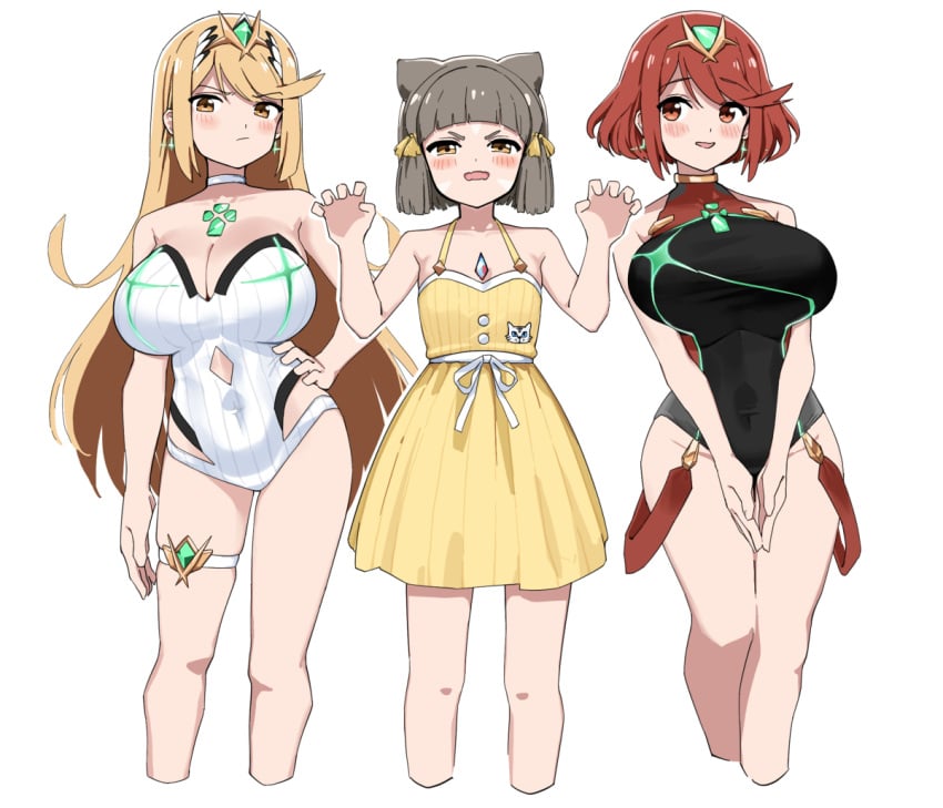 3girls breasts canon_couple canon_polyamory core_crystal fried_bocky highres large_breasts multiple_girls mythra mythra_(radiant_beach)_(xenoblade) nia pyra pyra_(pro_swimmer)_(xenoblade) simple_background swimsuit white_background xenoblade_(series) xenoblade_chronicles_2