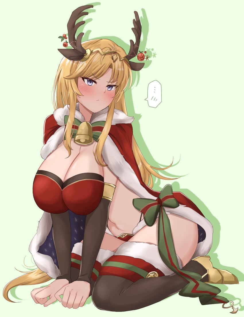 1girls all_fours alternate_breast_size alternate_costume angry antlers bare_midriff bare_thighs big_breasts blonde_hair blue_eyes blush bra breasts cape christmas clarisse_(fire_emblem) cleavage cosplay embarrassed female female_only fire_emblem fire_emblem:_new_mystery_of_the_emblem fire_emblem_heroes green_background kneeling large_breasts looking_at_viewer midriff navel nintendo panties red_panties solo speech_bubble tharja_(fire_emblem) tharja_(fire_emblem)_(cosplay) tharja_(winter)_(fire_emblem) thighhighs thighs toshimasa underwear