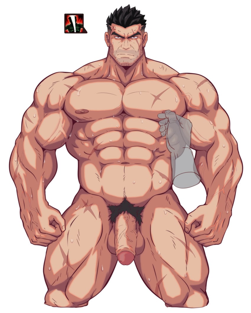 1boy 2boys abs anger_vein annoyed bara beard_stubble black_hair completely_nude cropped_legs darius_(league_of_legends) disembodied_limb flaccid gameplay_mechanics gay girthy_penis highres kagemaru321 kagemaru_(bara) large_pectorals league_of_legends looking_annoyed looking_at_viewer male male_focus male_only male_pubic_hair mature_male multiple_boys muscular muscular_male navel nipple_tweak nipples nude pectorals penis pinching_nipples pubic_hair scar scar_across_eye scar_on_face short_hair solo solo_focus sparse_navel_hair stomach straight-on strongman_waist sweat thick_thighs thighs uncensored very_sweaty yaoi