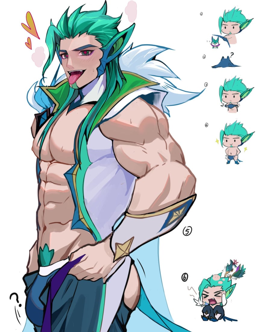 abs ass bara big_bulge bulge chest green_hair happy_trail huge_bulge large_pectorals league_of_legends male male_focus meme mie77014827 muscular muscular_arms muscular_male nipples pecs pectorals pubic_hair rakan redeemed_star_guardian_rakan solo solo_focus solo_male star_guardian_rakan star_guardian_series tight_pants tight_pants_(meme) tongue tongue_out underwear