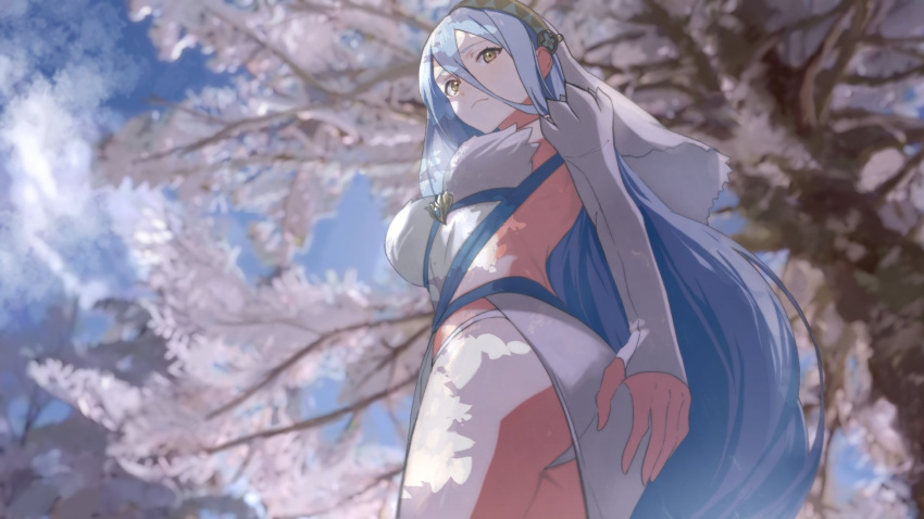 1girls ahonoko ass azura_(fire_emblem) big_ass blue_hair blue_sky breasts cherry_blossoms closed_mouth clothing_cutout cloud commentary_request day detached_sleeves dress elbow_gloves female female female_only fingerless_gloves fire_emblem fire_emblem_fates gloves hair_between_eyes highres long_hair medium_breasts nintendo outdoors panties pantyshot pantyshot_(standing) sky solo tree underwear upskirt veil very_long_hair white_dress white_gloves white_panties yellow_eyes