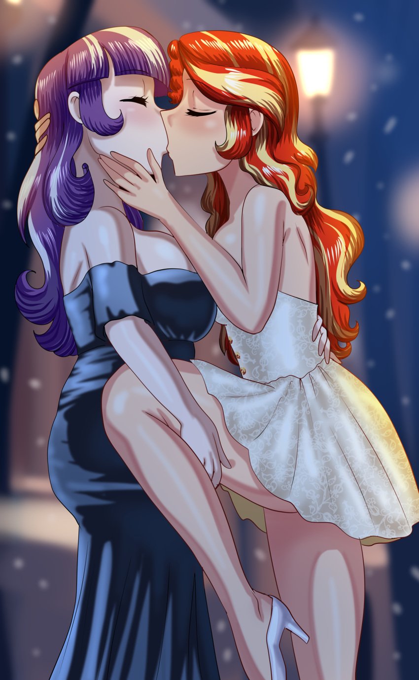 2girls age_difference closed_eyes cogbrony couple date date_night dating divorced_female divorced_milf dress dress_lift equestria_girls fancy_clothing female female_only femboy hand_behind_back hand_behind_head hand_on_cheek hand_on_head hand_under_leg hiked_leg human humanization kiss_mark kiss_on_lips kissing lamppost lesbian_kiss mermaid_dress minidress my_little_pony my_little_pony_friendship_is_magic night raised_leg romantic romantic_couple snow snowing sunset_shimmer twilight_velvet_(mlp) winter yuri