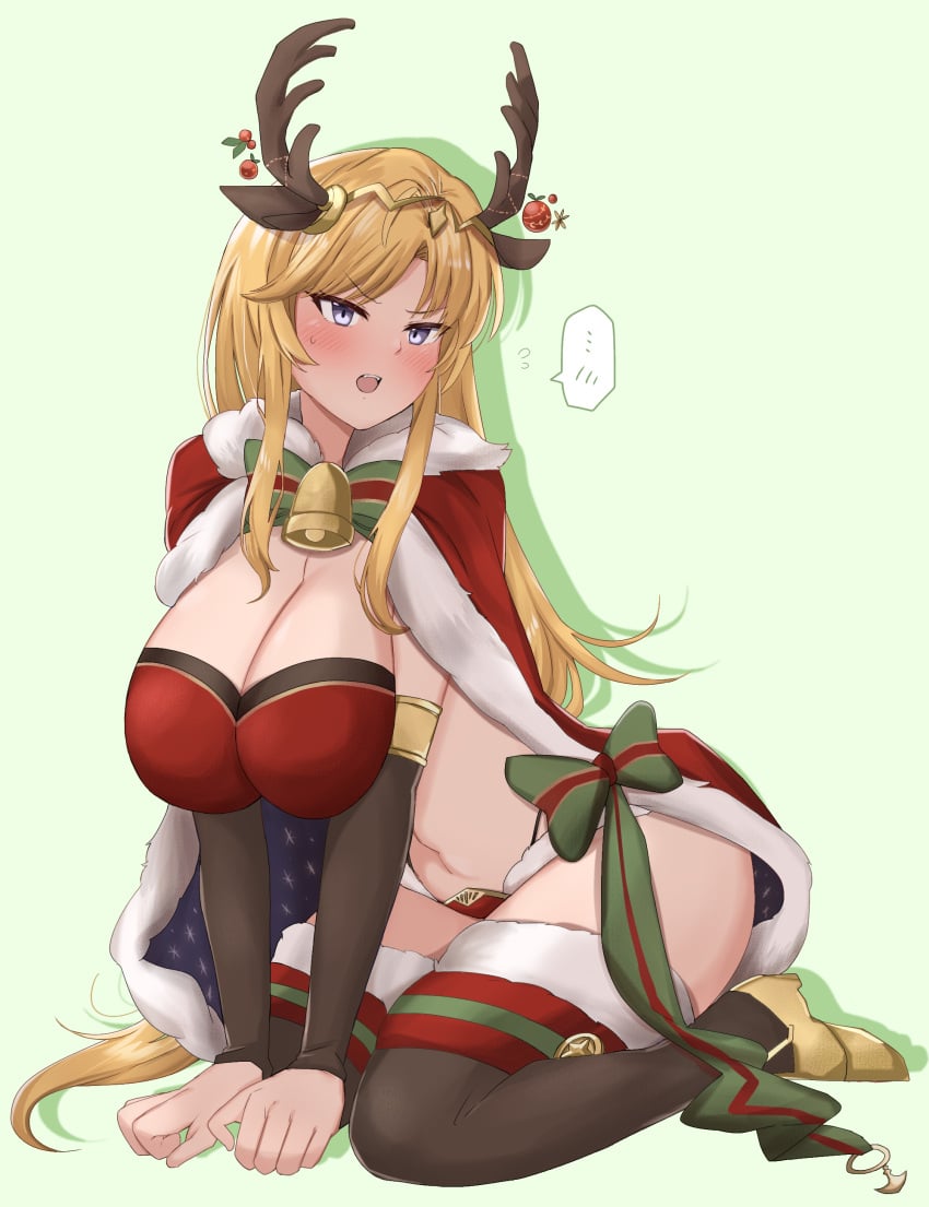 1girls all_fours alternate_costume angry antlers bare_midriff bare_thighs blonde_hair blue_eyes blush bra breasts cape christmas clarisse_(fire_emblem) cleavage cosplay embarrassed female female_only fire_emblem fire_emblem:_new_mystery_of_the_emblem fire_emblem_heroes green_background kneeling large_breasts looking_at_viewer midriff navel nintendo open_mouth panties red_panties solo speech_bubble tharja_(fire_emblem) tharja_(fire_emblem)_(cosplay) tharja_(winter)_(fire_emblem) thighhighs thighs toshimasa underwear