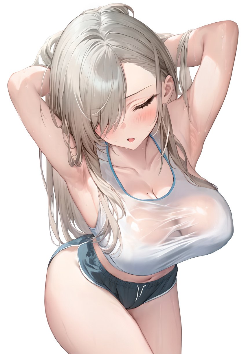 1girls asuna_(blue_archive) blonde_hair blue_archive booty_shorts breasts dolphin_shorts female hair_over_one_eye huge_breasts light-skinned_female light_skin long_hair millennium_science_school_student preview_(preview0) short_shorts shorts simple_background sports_bra sportswear sweat sweaty_body tank_top thick_thighs