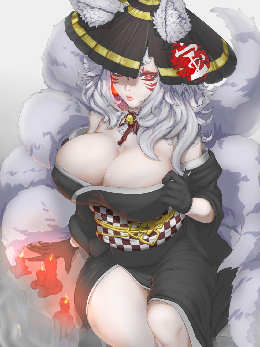 absurdres animal_ear_fluff animal_ear_headwear animal_ears armpit_crease bell black_gloves black_headwear breasts bright_pupils candle checkered_clothes cleavage cross-shaped_pupils earrings eyeshadow facial_mark female fingernails fire fog gloves grey_hair hat highres jewelry kitsune kuromoro kyuubi lantern long_fingernails long_hair looking_at_viewer makeup melting mole mole_under_eye multiple_tails neck_bell nijisanji nijisanji_en nina_kosaka paper_lantern pink_lips red_eyes red_eyeshadow red_ribbon ribbon sharp_fingernails short_eyebrows single_earring sitting solo straw_hat symbol-shaped_pupils tail very_long_fingernails virtual_youtuber whisker_markings white_pupils