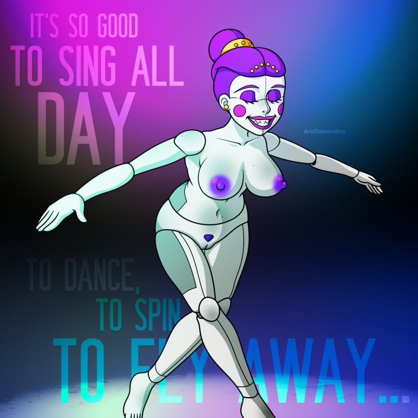 1girls animatronic areolae artidemonboy ballora ballora_(fnafsl) barefoot breasts closed_eyes completely_nude completely_nude_female female female_only five_nights_at_freddy's five_nights_at_freddy's:_sister_location fnaf full_body naked naked_female nipples nude nude_female purple_hair pussy short_hair smile solo solo_female