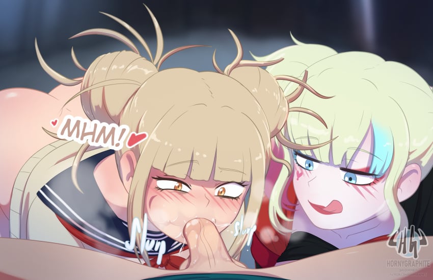 1boy 2girls 2girls1boy ass balls big_breasts blonde_hair blowjob boku_no_hero_academia breasts clothing crossover dc dc_comics eastern_and_western_character fellatio harley_quinn harley_quinn_(suicide_squad_isekai) himiko_toga hornygraphite izuku_midoriya licking_lips lipstick multicolored_hair my_hero_academia partial_male penis ponytail sucking_penis suicide_squad suicide_squad_isekai text threesome tongue_out veiny_penis