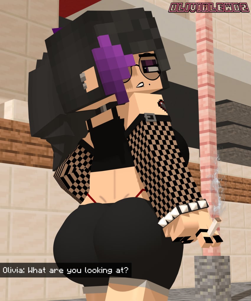 beauty_mark black_hair black_shorts city fishnets glasses goth goth_girl heart_tattoo looking_at_viewer makeup mine-imator minecraft minecraft_xxx olivia_(olivialewdz) olivialewdz piercing ponytail purple_eyes red_thong shorts smoking straps tank_top thong