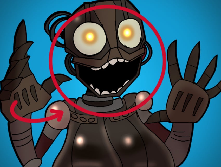 big_breasts bright_pupils endoskeleton five_nights_at_freddy&#039;s five_nights_at_freddy&#039;s:_security_breach furu_flami humanoid looking_at_viewer meme mr_beast_rap_battle mrbeast no_humans non-human non-human_only posing red_circle robot security_breach:_ruin skinny solo_female the_mimic_(fnaf)