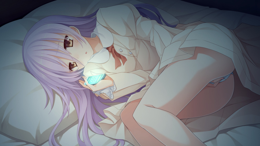 bed game_cg imouto_no_katachi long_hair masturbation meta mutou_kurihito panties phone pink_hair sphere underwear